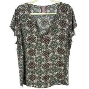 Rose & Rhyme Cream and Brown Patterned Relaxed Cap Sleeve Blouse Size 1X